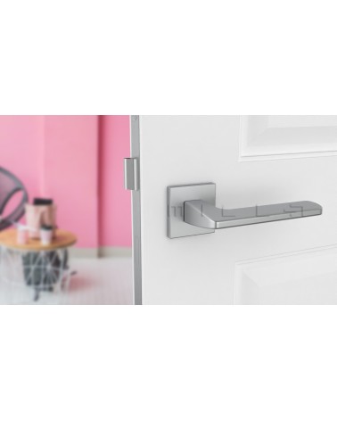 YUKA rectangular backplate door handle design handle colour 2 front view mounted on a door