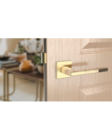 PYROLA square plate door handle design hardware front view mounted on a door