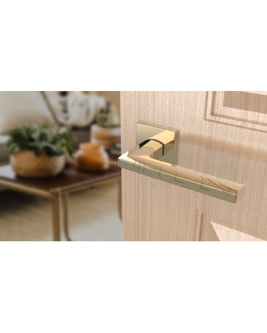 PYROLA square plate door handle design hardware angled top view mounted on a door