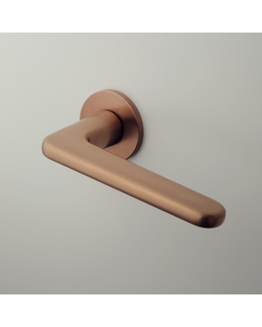 LIRA round plate door handle designer handle colour 4 mounted on a door
