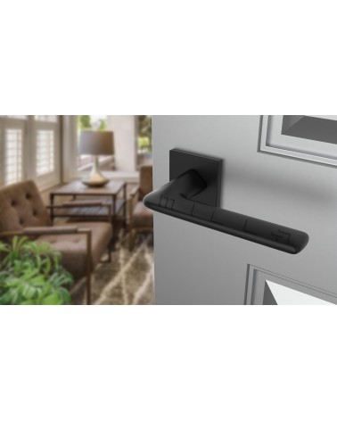 LILA square plate door handle design handle colour 2 angled top view mounted on a door