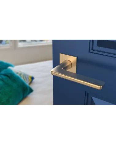 SETIA square plate door handle design ironmongery colour 2 angled top view mounted on a door