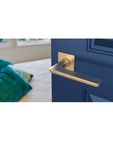 SETIA square plate door handle design ironmongery colour 2 angled top view mounted on a door