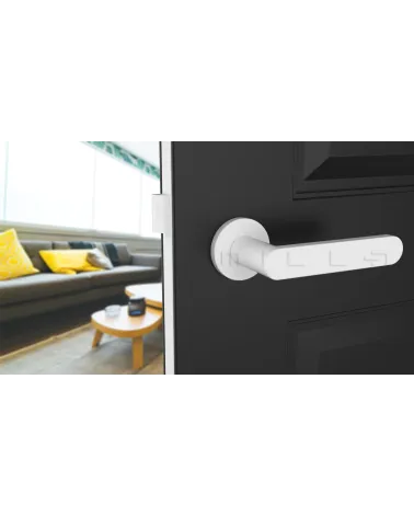 ALORA zamak door handle designer handle colour 5 front view mounted on half-open door