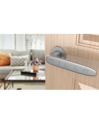 ROSA zamak door handle design handle colour 1 angled top view mounted on a door