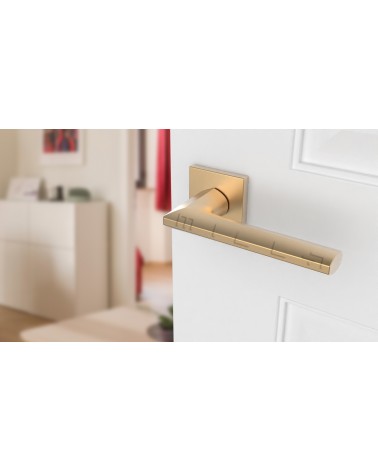 JASMINA zamak door handle design handle colour 3 angled top view mounted on a door