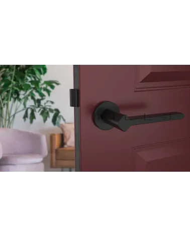 NINFEA door handle on round plate designer hardware fitted on an ajar door
