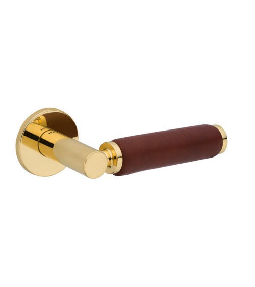 TUPAI 4200/201 round polished gold door handle with dark leather - designer handle