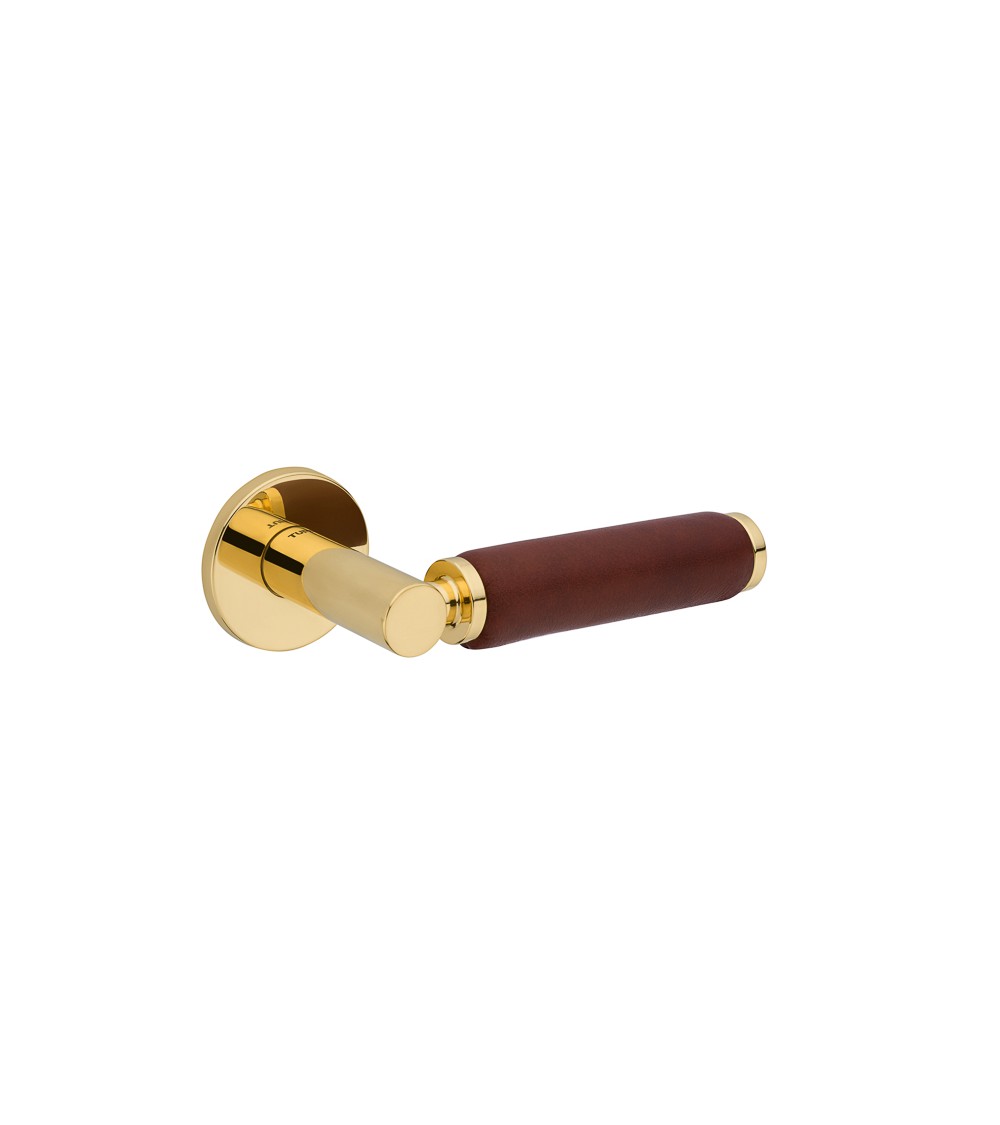 TUPAI 4200/201 round polished gold door handle with dark leather - designer handle