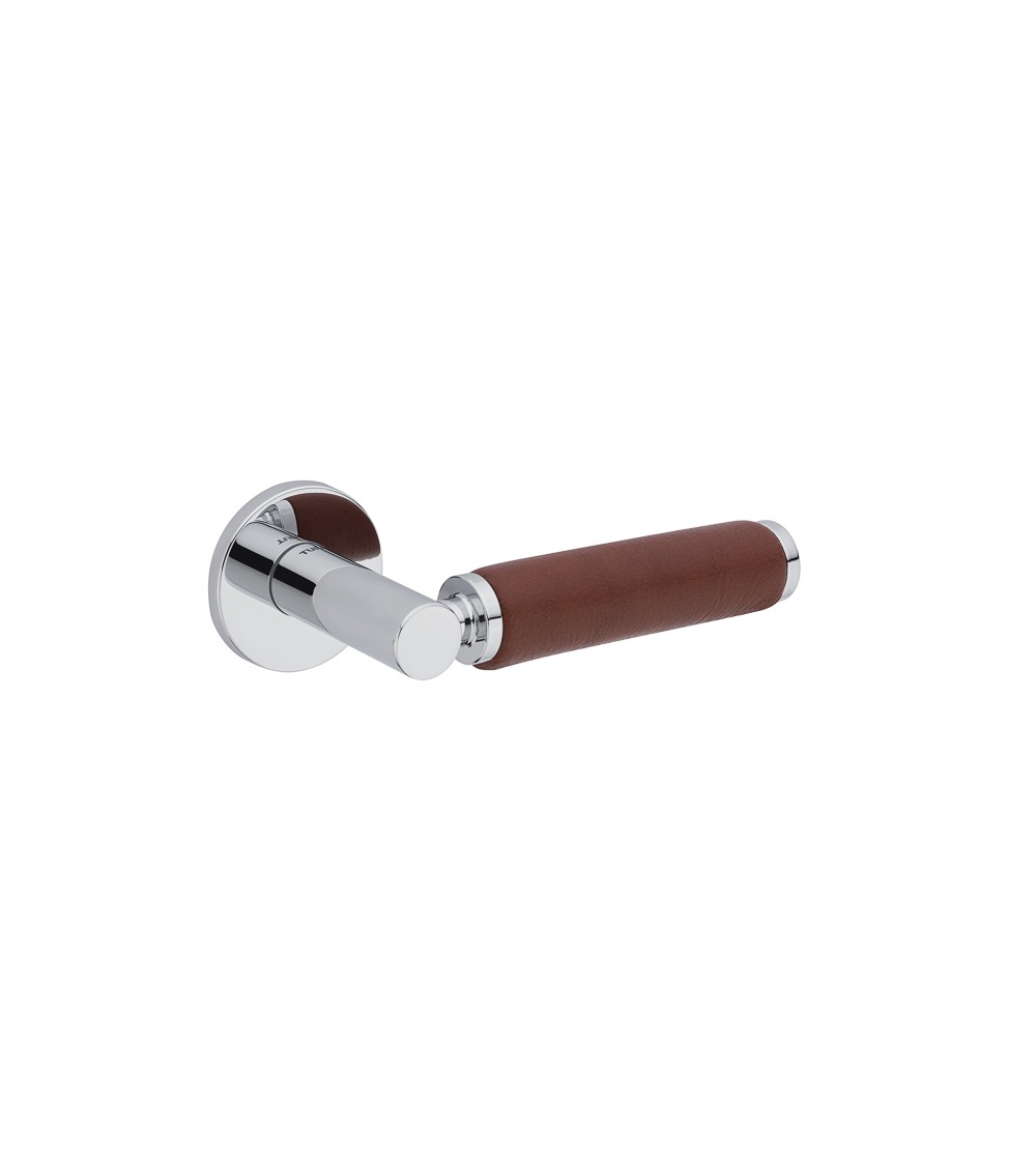 TUPAI 4200/201 round polished chrome door handle with dark leather - designer handle