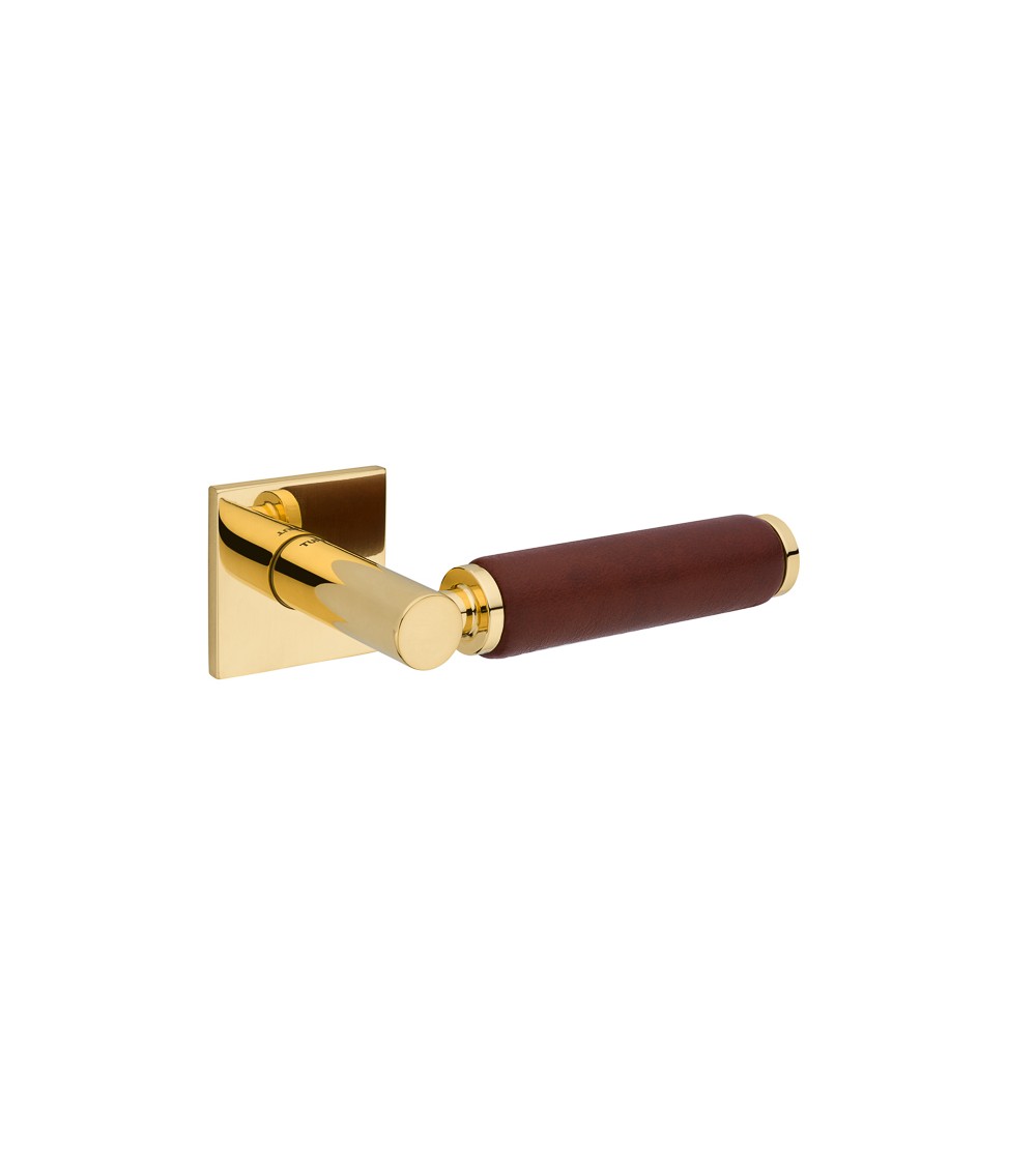 TUPAI 4200/201 square polished gold door handle with dark leather - designer handle