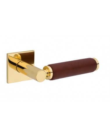 TUPAI 4200/201 square polished gold door handle with dark leather - designer handle