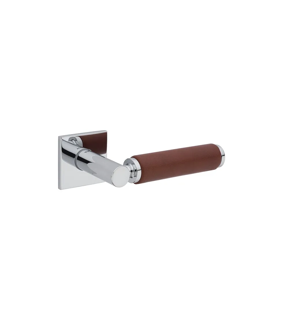 TUPAI 4200/201 square polished chrome door handle with dark leather - designer handle