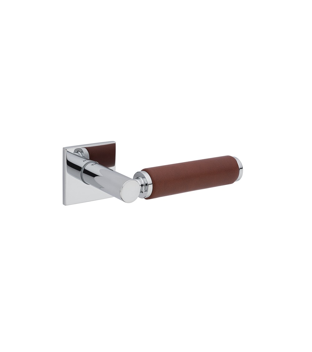 TUPAI 4200/201 square polished chrome door handle with dark leather - designer handle
