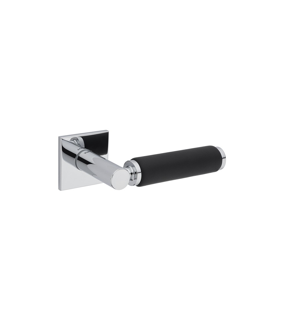 TUPAI 4200/202 square polished chrome door handle with black leather - designer handle