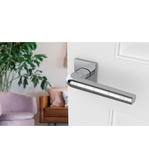 Polished chrome door handle on square plate FUNKIA - designer handle