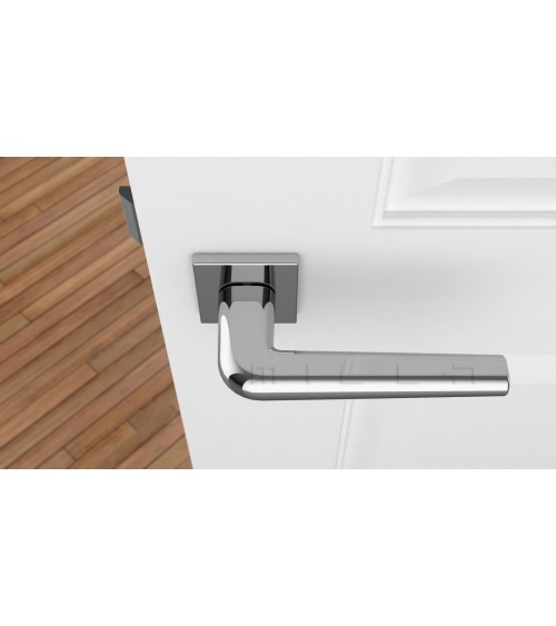Polished chrome door handle on square plate FUNKIA - designer handle