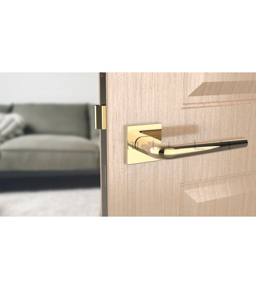 Polished chrome door handle on square plate FUNKIA - designer handle
