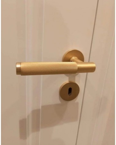 Satin gold Time Slim door handle design handle fitted on a door front view