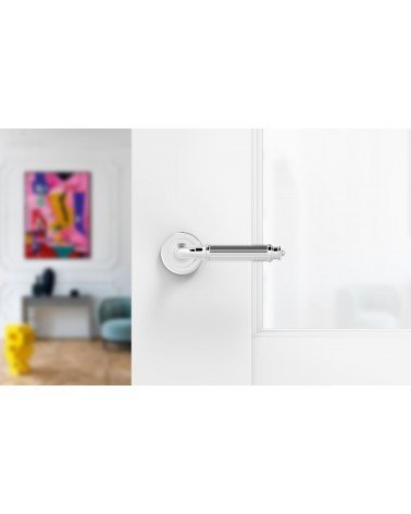 Polished chrome ARIA Slim door handle design handle mounted on an open door