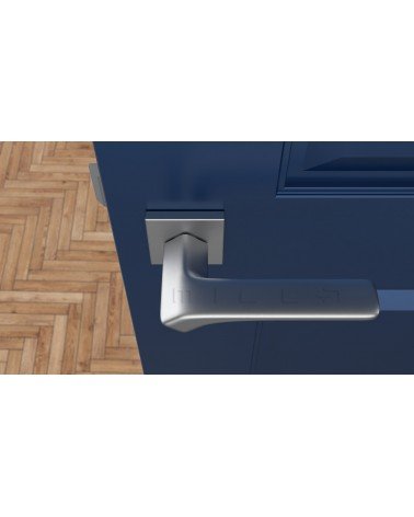 BERGERIA satin chrome door handle designer hardware top view mounted on a door