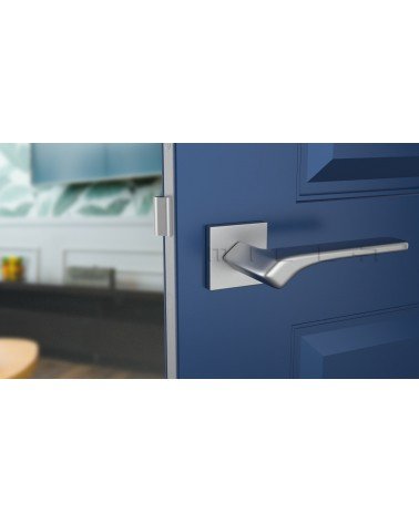 BERGERIA satin chrome door handle designer hardware front view mounted on a door