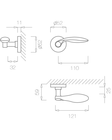 TUPAI 1938 door handle with dimensions