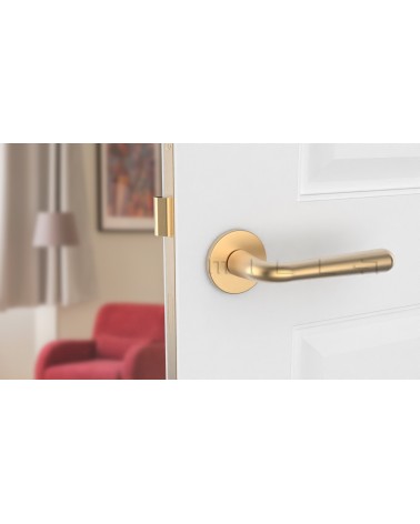 Satin Gold IRGA door handle design handle angled view mounted on a door