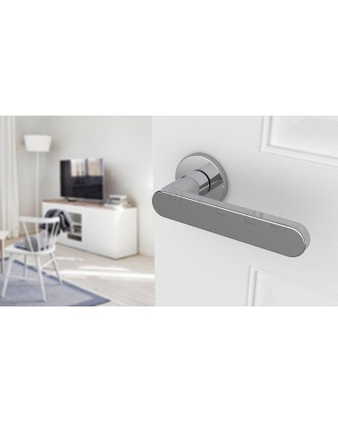 ALORA door handle designer handle colour 2 angled view mounted on a door