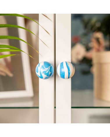 Azure Blue beech wood furniture knob designer handle zoomed view installed on a glass door