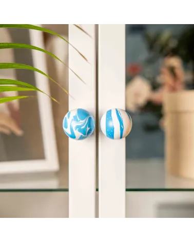 Azure Blue beech wood furniture knob designer handle zoomed view installed on a glass door