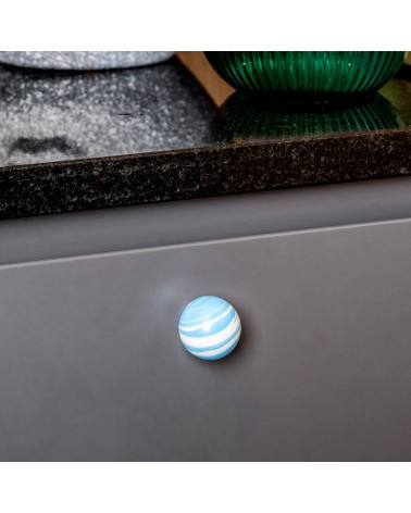 Azure Blue beech wood furniture knob designer handle top view mounted on grey furniture