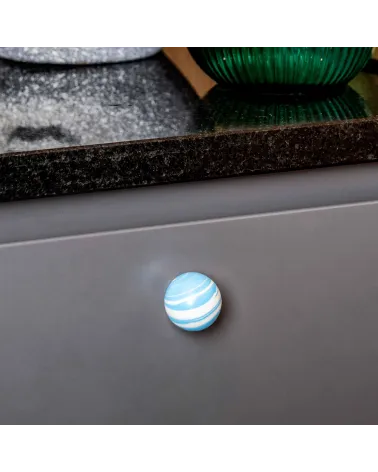 Azure Blue beech wood furniture knob designer handle top view mounted on grey furniture
