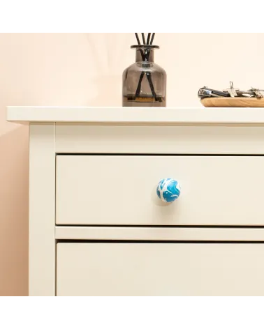 Azure Blue beech wood furniture knob designer handle front view fixed on a drawer