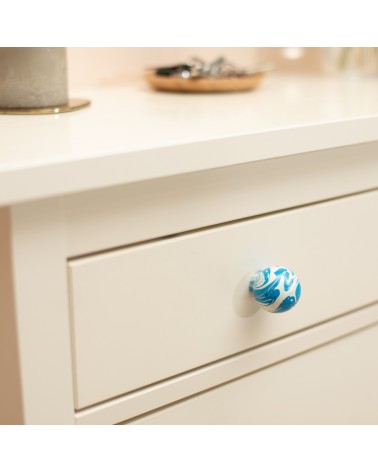 Azure Blue beech wood furniture knob designer handle angled view fixed on a drawer
