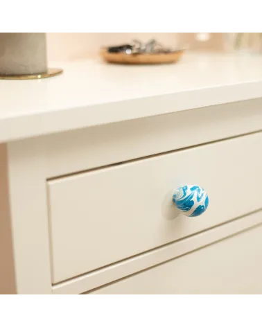 Azure Blue beech wood furniture knob designer handle angled view fixed on a drawer