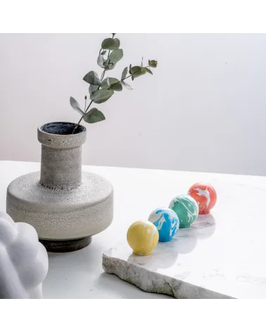 Azure Blue beech wood furniture knob designer handle aligned on a marble surface