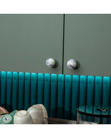 Lavender beech wood furniture knob design handle angled view fixed on a cabinet front