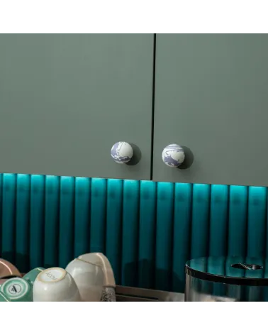 Lavender beech wood furniture knob design handle angled view fixed on a cabinet front