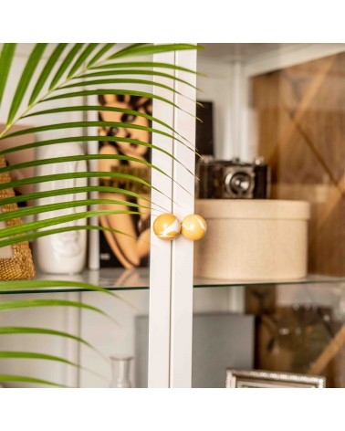 Orange beech wood furniture knob design handle front view mounted on a glass door