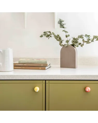 Cherry red beech wood furniture knob design handle installed on a cabinet front