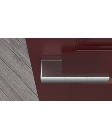 Satin chrome BRISA design door handle fitted on a door top view