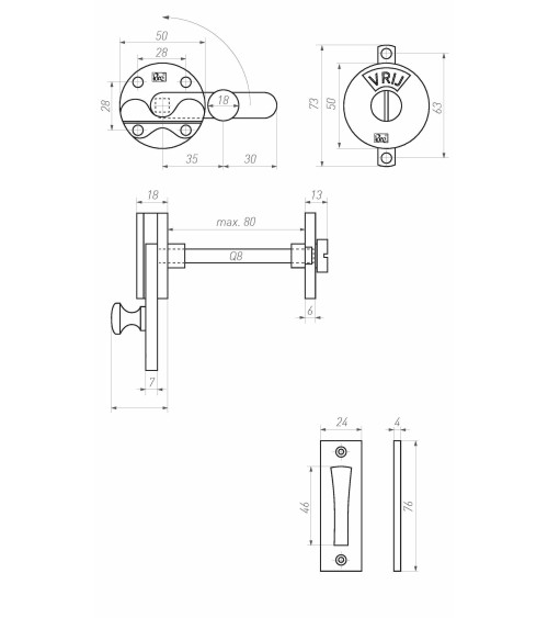 Retro WC Door Bolt Flat Plate - Design Handle