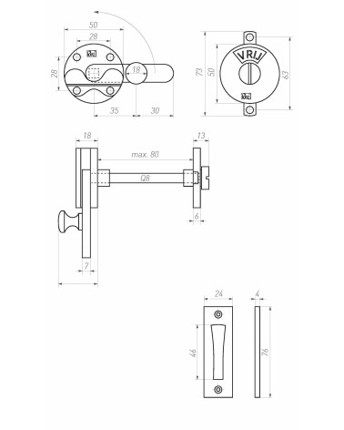 Retro WC Door Bolt Flat Plate - Design Handle