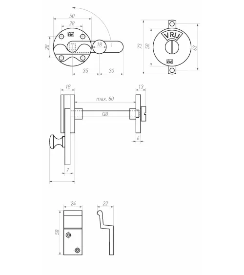 Retro WC Door Bolt Hook - Design Handle