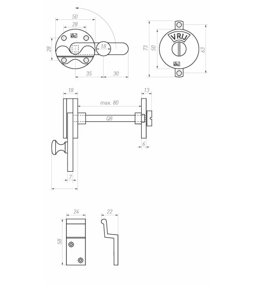 Retro WC Door Bolt Hook - Design Handle