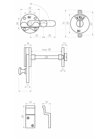 Retro WC Door Bolt Hook - Design Handle