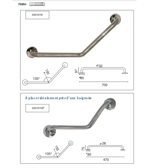 Chrome angled bath support bar - designer handle