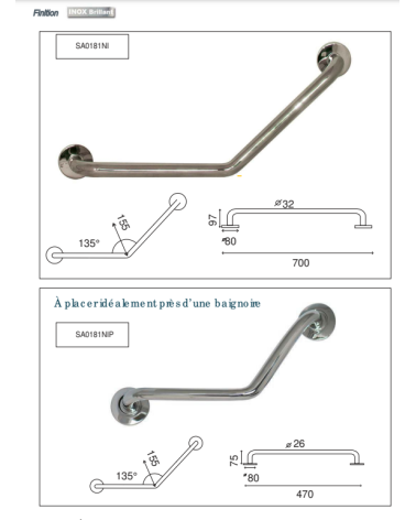 Chrome angled bath support bar - designer handle
