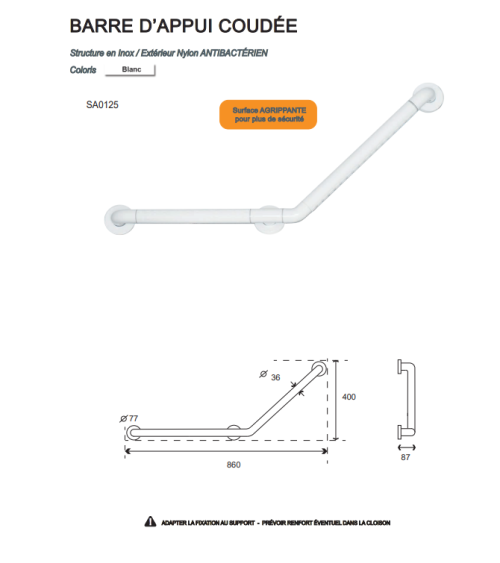 White angled bath support bar - designer handle